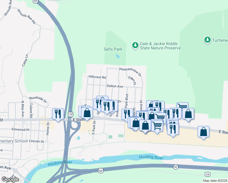 map of restaurants, bars, coffee shops, grocery stores, and more near 33 Euclid Drive in Athens