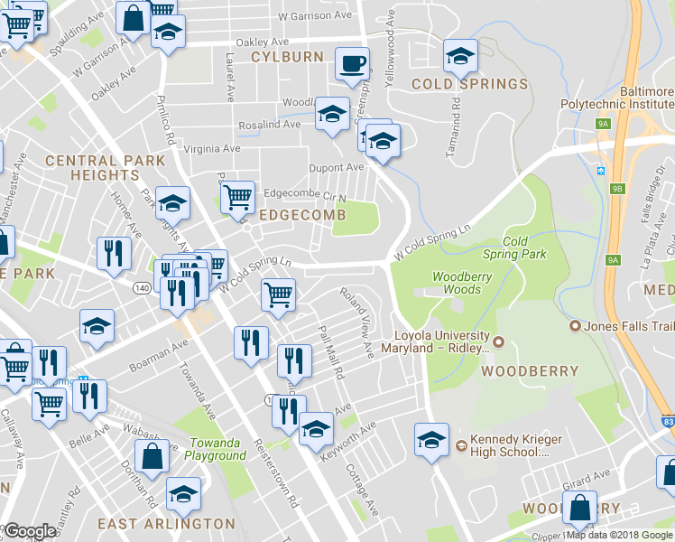 map of restaurants, bars, coffee shops, grocery stores, and more near 2451 West Cold Spring Lane in Baltimore