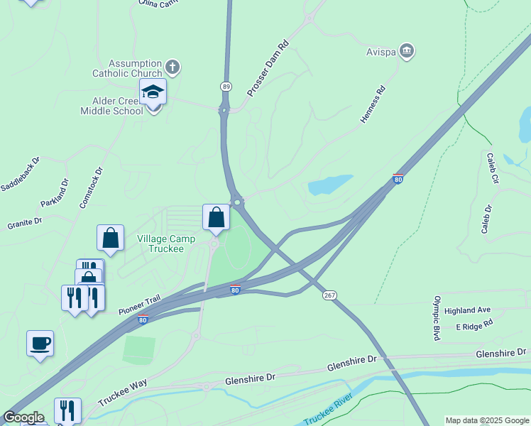 map of restaurants, bars, coffee shops, grocery stores, and more near 11929 Waters Way in Truckee