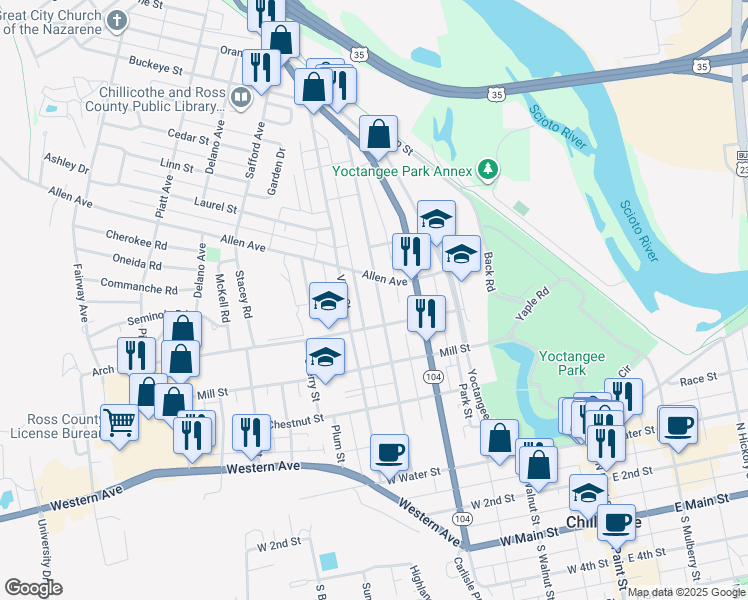 map of restaurants, bars, coffee shops, grocery stores, and more near 366 Church Street in Chillicothe