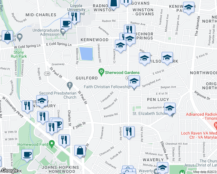 map of restaurants, bars, coffee shops, grocery stores, and more near 209 East Highfield Road in Baltimore