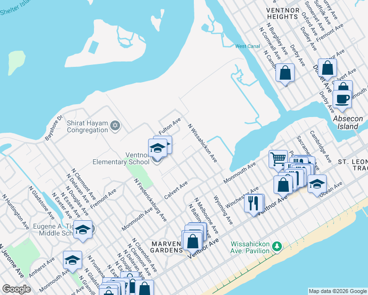 map of restaurants, bars, coffee shops, grocery stores, and more near 326 Hampshire Drive in Ventnor City