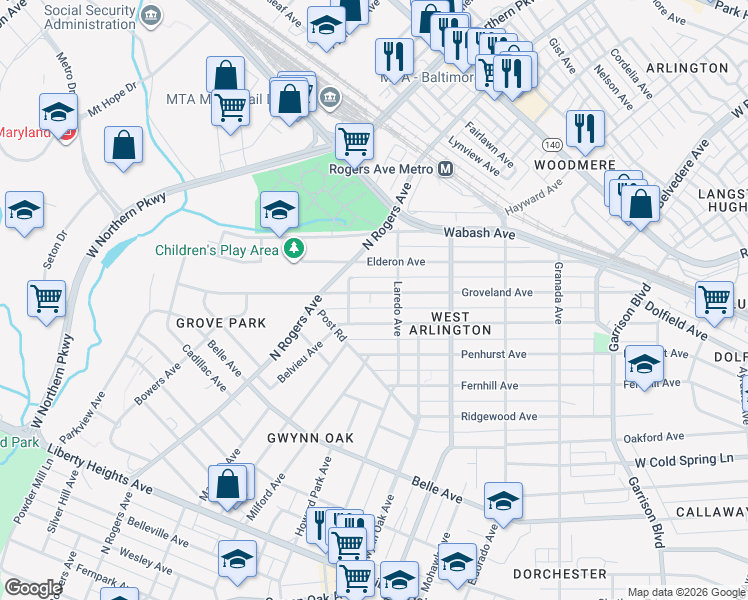 map of restaurants, bars, coffee shops, grocery stores, and more near 4407 Groveland Avenue in Baltimore