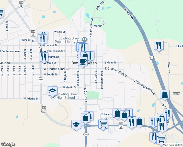 map of restaurants, bars, coffee shops, grocery stores, and more near 119 South Main Cross Street in Bowling Green