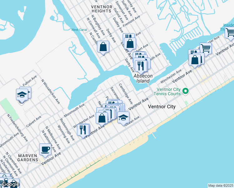 map of restaurants, bars, coffee shops, grocery stores, and more near 105 North Sacramento Avenue in Ventnor City