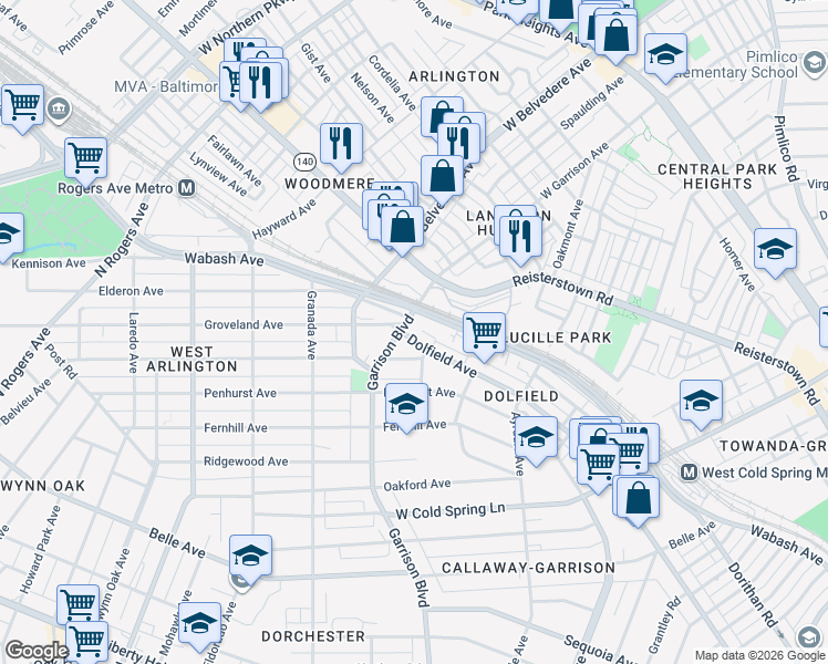 map of restaurants, bars, coffee shops, grocery stores, and more near 3964 Dolfield Avenue in Baltimore
