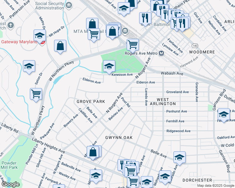 map of restaurants, bars, coffee shops, grocery stores, and more near 4110 North Rogers Avenue in Baltimore