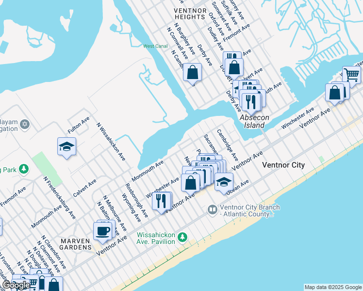 map of restaurants, bars, coffee shops, grocery stores, and more near 6429 Monmouth Avenue in Ventnor City
