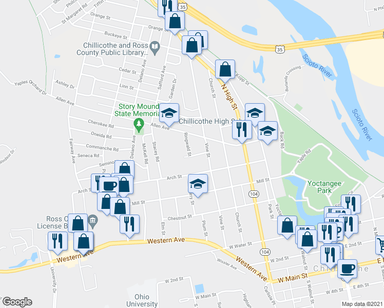 map of restaurants, bars, coffee shops, grocery stores, and more near 381 Ringwald Street in Chillicothe