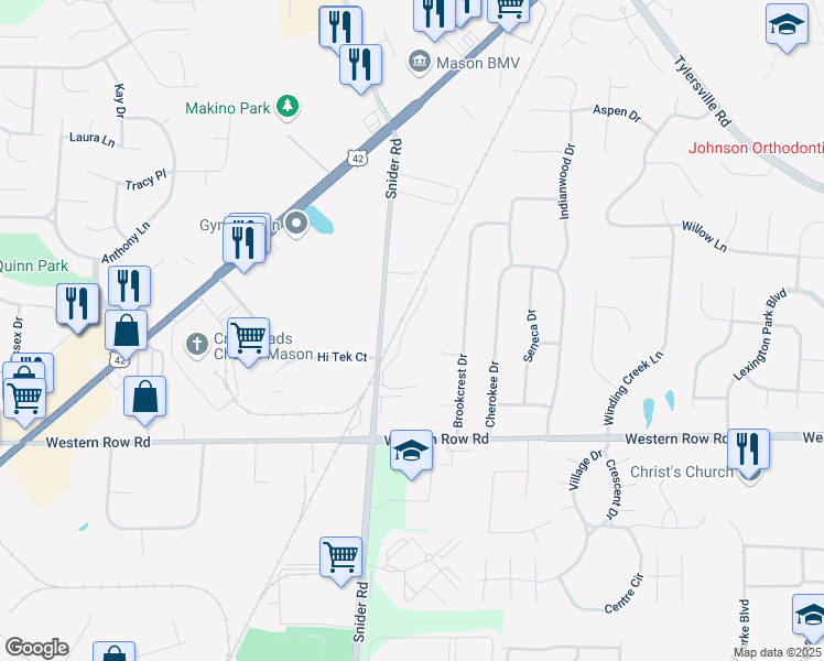 map of restaurants, bars, coffee shops, grocery stores, and more near 200 Snider Court in Mason