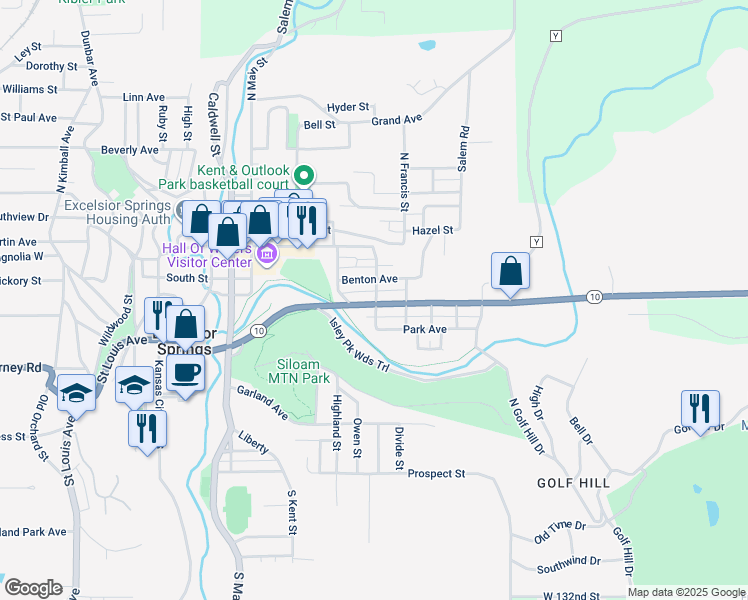 map of restaurants, bars, coffee shops, grocery stores, and more near 432 Isley Boulevard in Excelsior Springs