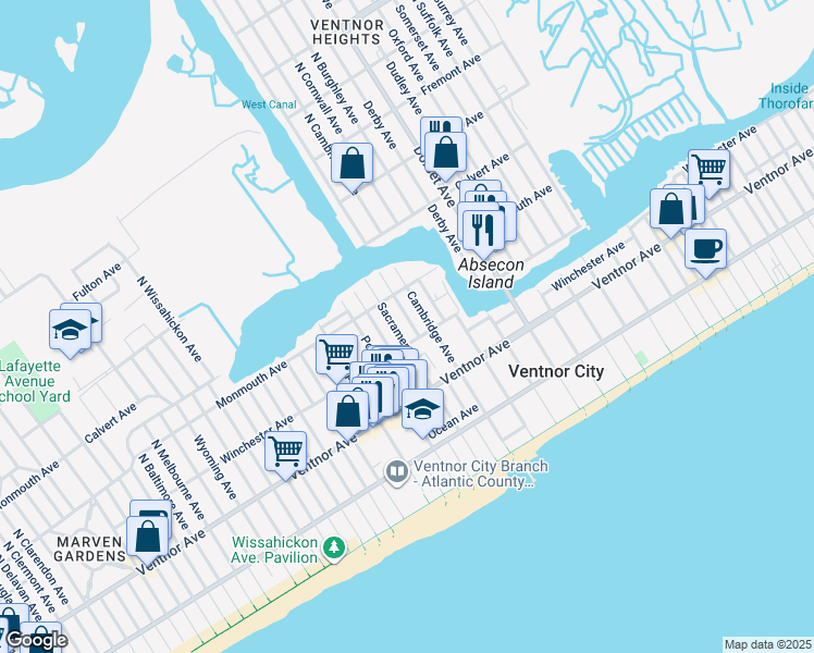 map of restaurants, bars, coffee shops, grocery stores, and more near 108 North Harvard Avenue in Ventnor City