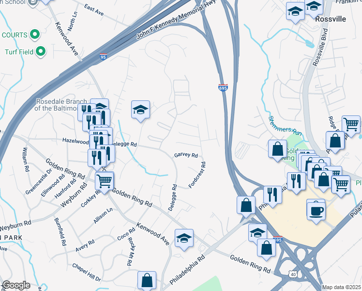 map of restaurants, bars, coffee shops, grocery stores, and more near 15 1st Light Court in Rosedale