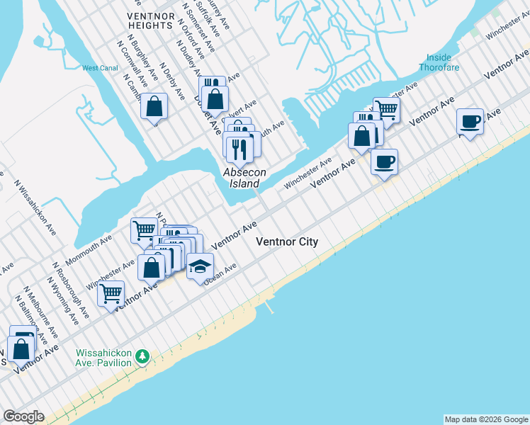 map of restaurants, bars, coffee shops, grocery stores, and more near in Ventnor City