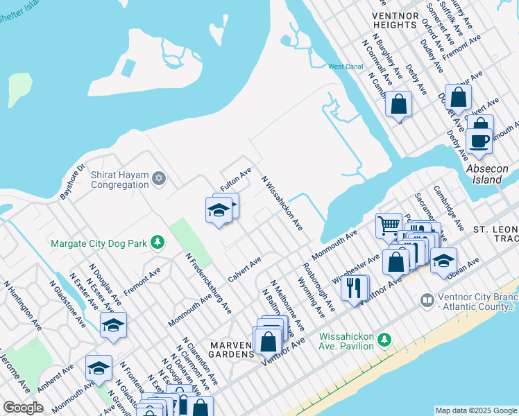 map of restaurants, bars, coffee shops, grocery stores, and more near 328 Hampshire Drive in Ventnor City