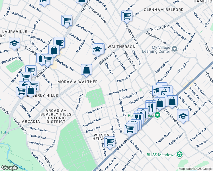 map of restaurants, bars, coffee shops, grocery stores, and more near 3705 Woodlea Avenue in Baltimore