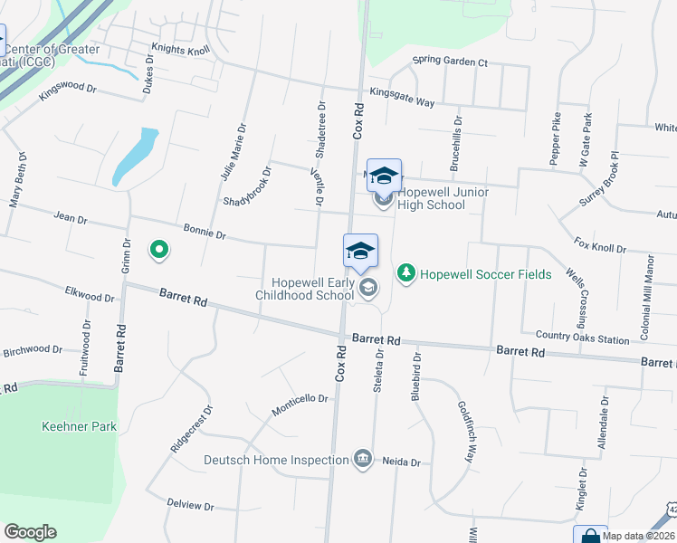 map of restaurants, bars, coffee shops, grocery stores, and more near 8293 Cox Road in Butler County