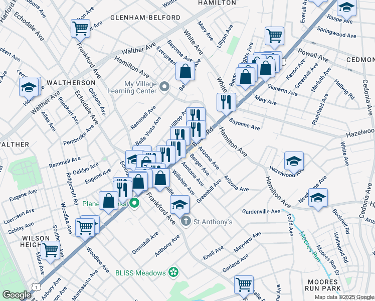 map of restaurants, bars, coffee shops, grocery stores, and more near Belair Rd & Berger Ave in Baltimore