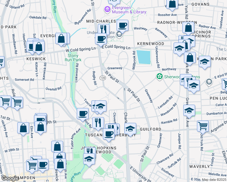 map of restaurants, bars, coffee shops, grocery stores, and more near 4303 Maryland 139 in Baltimore