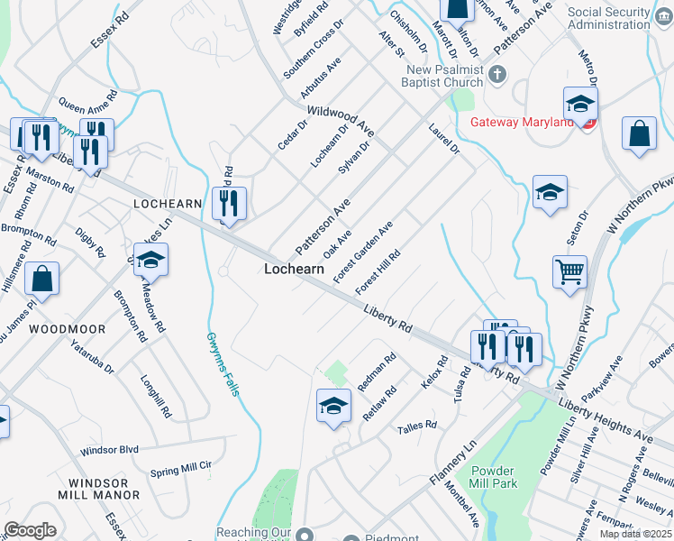 map of restaurants, bars, coffee shops, grocery stores, and more near 3612 Forest Garden Avenue in Baltimore
