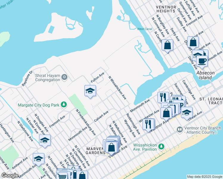 map of restaurants, bars, coffee shops, grocery stores, and more near 328 Hampshire Drive in Ventnor City
