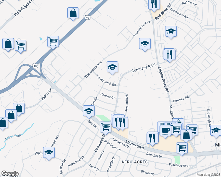map of restaurants, bars, coffee shops, grocery stores, and more near 12 Contact Court in Middle River