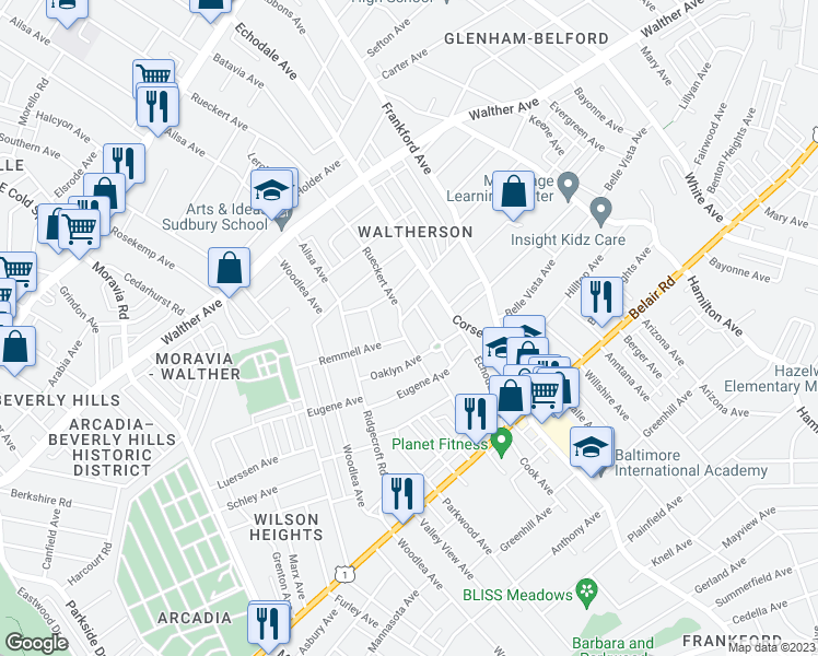 map of restaurants, bars, coffee shops, grocery stores, and more near 3803 Biddison Lane in Baltimore