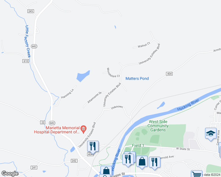 map of restaurants, bars, coffee shops, grocery stores, and more near 84 University Estates Boulevard in Athens