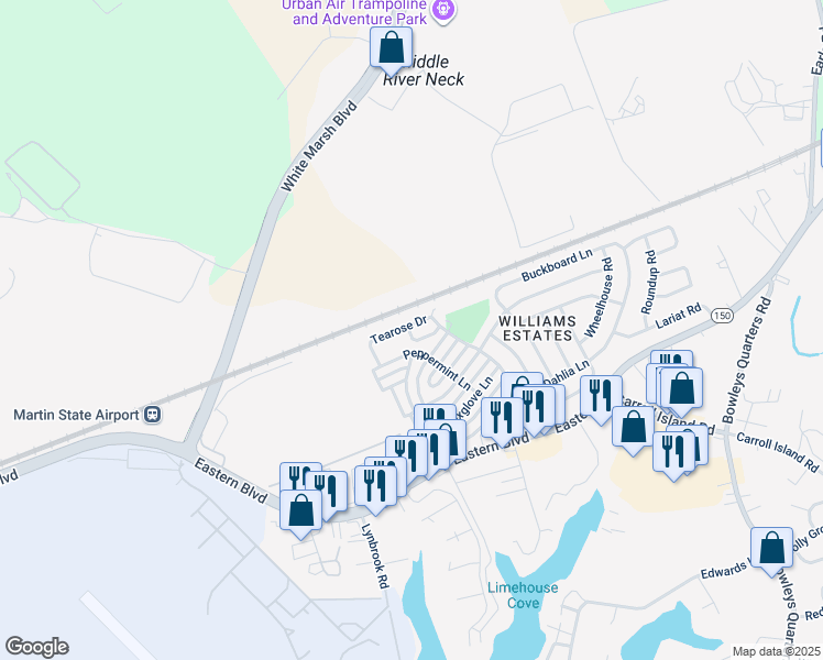 map of restaurants, bars, coffee shops, grocery stores, and more near 11 Raspberry Court in Middle River