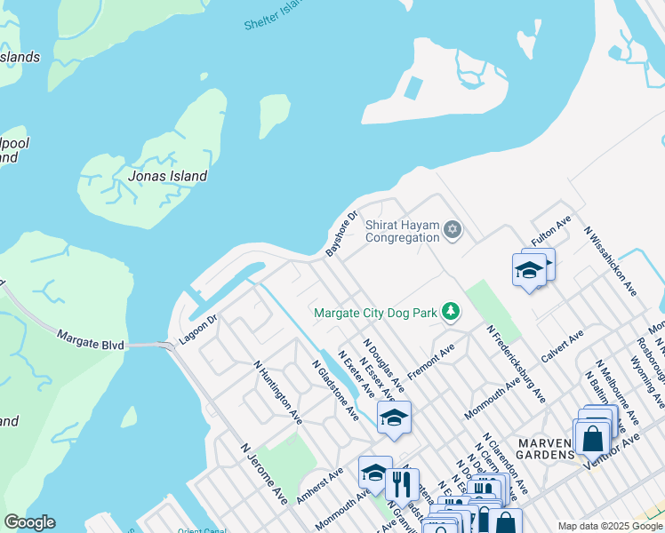 map of restaurants, bars, coffee shops, grocery stores, and more near 615 North Delavan Avenue in Margate City