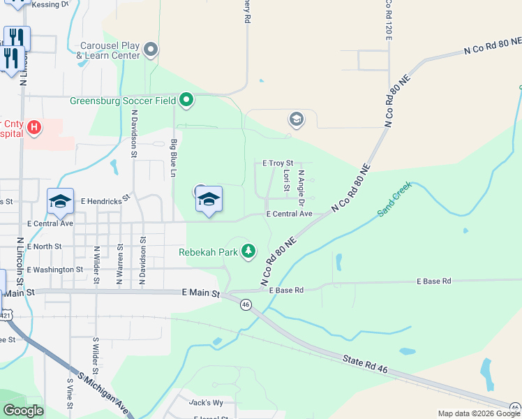 map of restaurants, bars, coffee shops, grocery stores, and more near 402 North Barbara Boulevard in Greensburg
