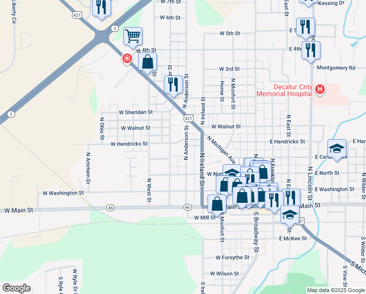 map of restaurants, bars, coffee shops, grocery stores, and more near 423 North Anderson Street in Greensburg