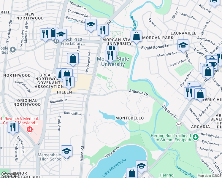 map of restaurants, bars, coffee shops, grocery stores, and more near 1800 Argonne Drive in Baltimore