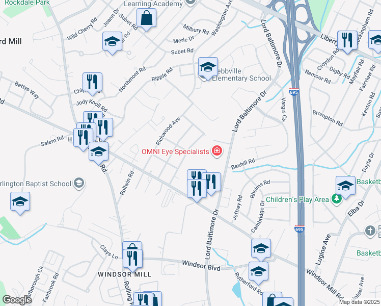map of restaurants, bars, coffee shops, grocery stores, and more near 3129 Cresson Avenue in Milford Mill