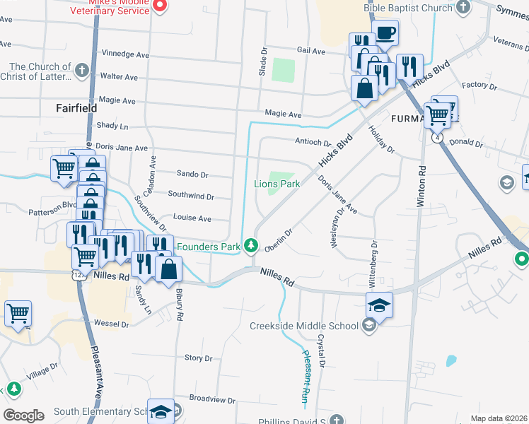 map of restaurants, bars, coffee shops, grocery stores, and more near 834 Hicks Boulevard in Fairfield