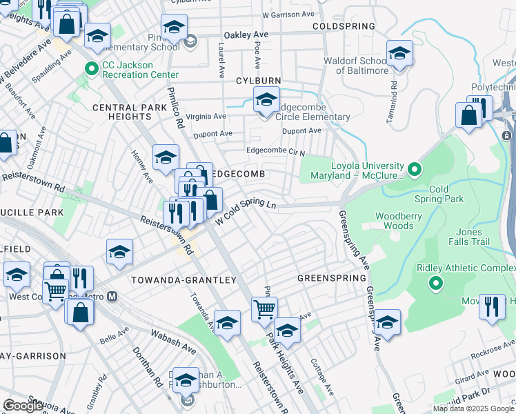 map of restaurants, bars, coffee shops, grocery stores, and more near 4449 Pall Mall Road in Baltimore
