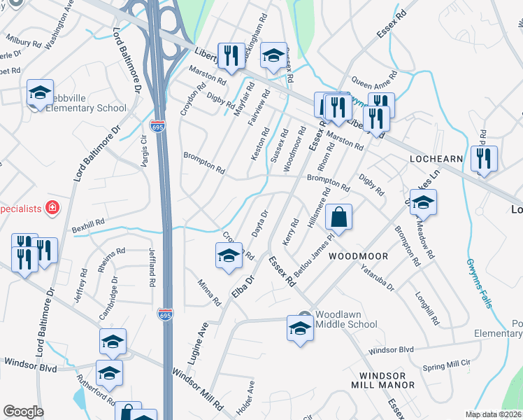 map of restaurants, bars, coffee shops, grocery stores, and more near 3426 Dayta Drive in Baltimore