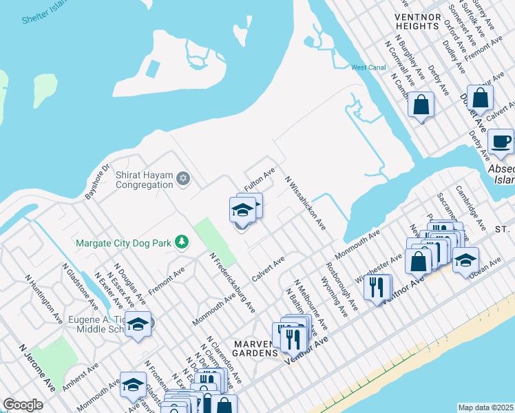 map of restaurants, bars, coffee shops, grocery stores, and more near 401 North Lafayette Avenue in Ventnor City