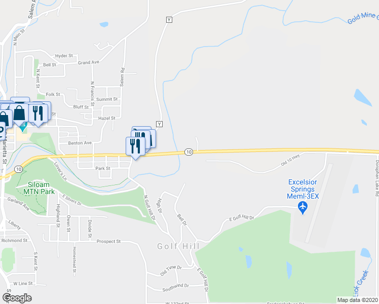map of restaurants, bars, coffee shops, grocery stores, and more near 1085 Isley Boulevard in Excelsior Springs