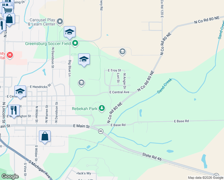 map of restaurants, bars, coffee shops, grocery stores, and more near 402 North Barbara Boulevard in Greensburg