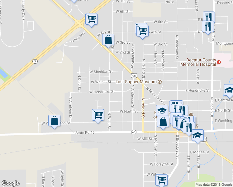map of restaurants, bars, coffee shops, grocery stores, and more near 621 West Hendricks Street in Greensburg