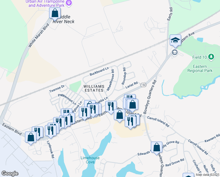 map of restaurants, bars, coffee shops, grocery stores, and more near 3511 Wheelhouse Road in Middle River