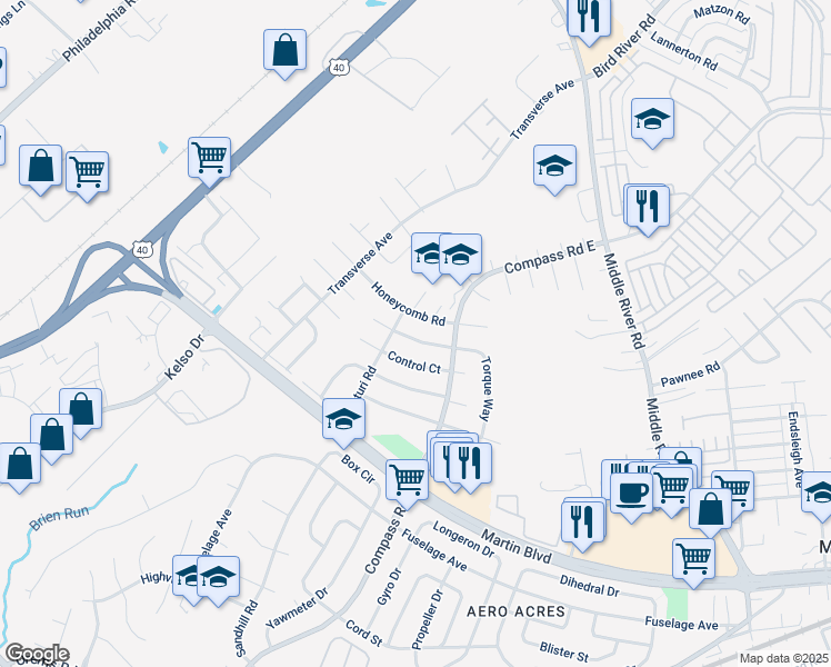 map of restaurants, bars, coffee shops, grocery stores, and more near 16 Contact Court in Middle River