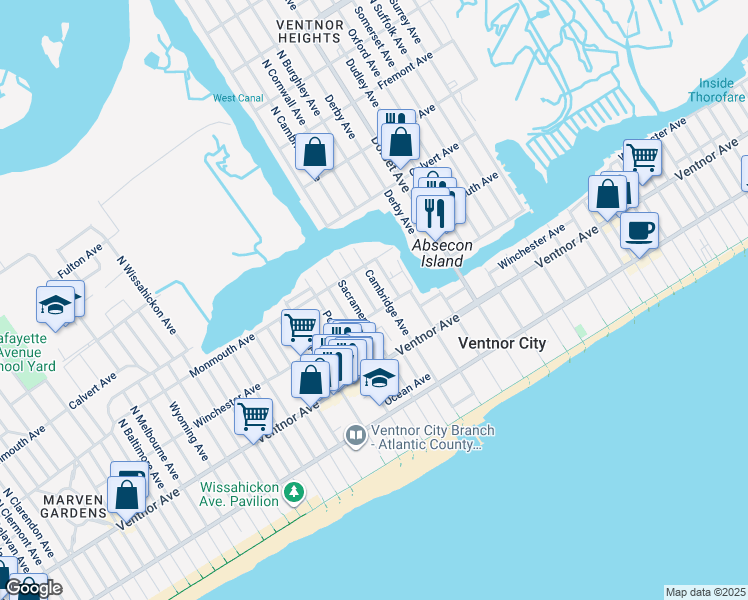 map of restaurants, bars, coffee shops, grocery stores, and more near 105 North Sacramento Avenue in Ventnor City