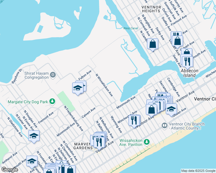 map of restaurants, bars, coffee shops, grocery stores, and more near 228 North Wissahickon Avenue in Ventnor City