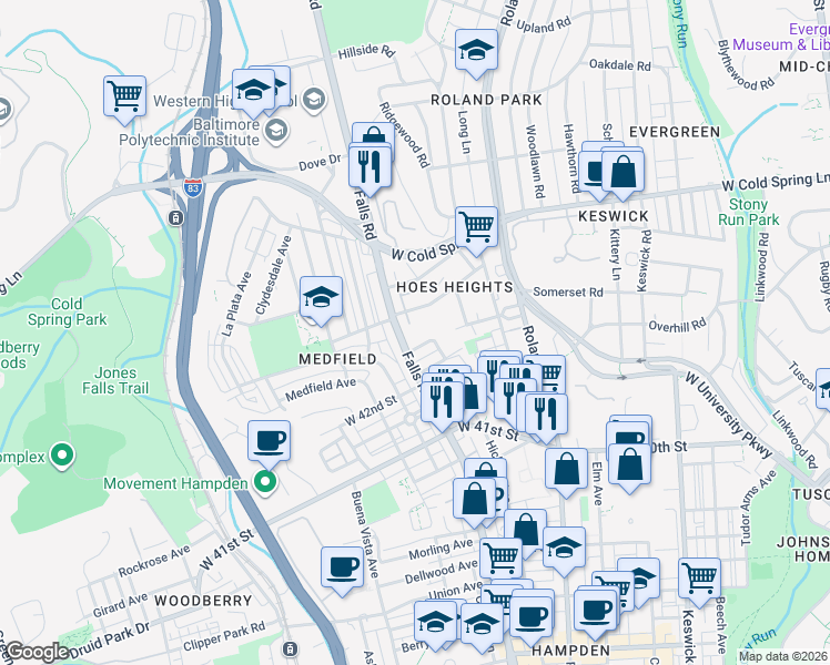 map of restaurants, bars, coffee shops, grocery stores, and more near 1130 Falls Hill Drive in Baltimore