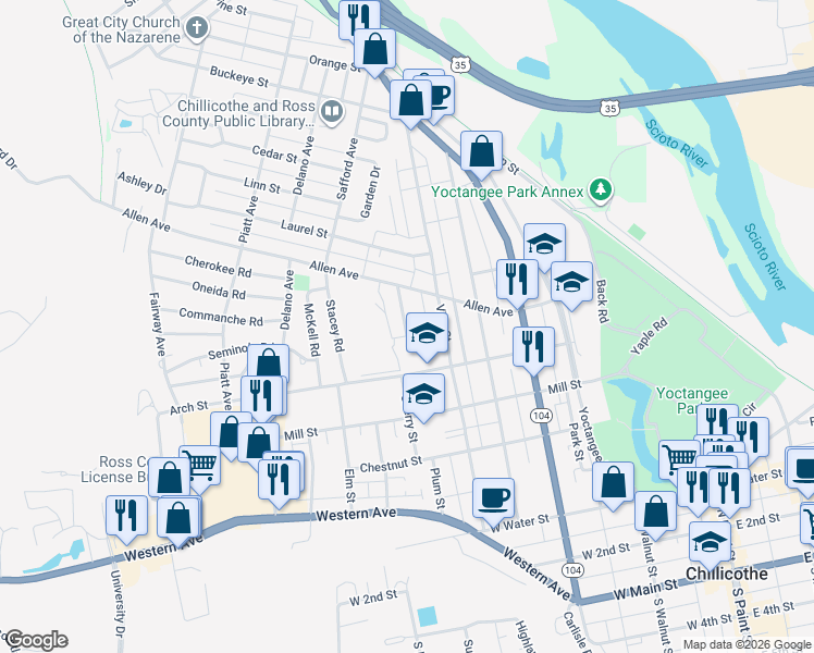 map of restaurants, bars, coffee shops, grocery stores, and more near 381 Ringwald Street in Chillicothe