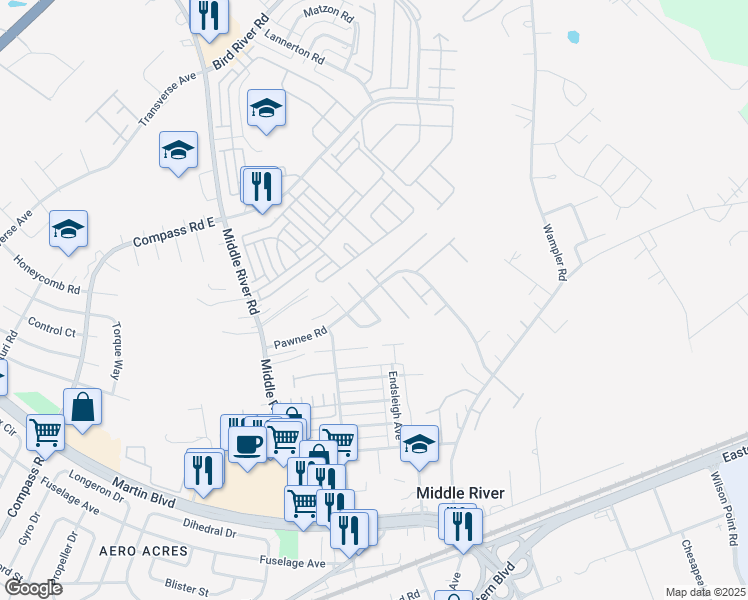 map of restaurants, bars, coffee shops, grocery stores, and more near 47 Taos Circle in Middle River