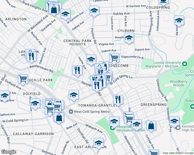 map of restaurants, bars, coffee shops, grocery stores, and more near 3203 Wylie Avenue in Baltimore