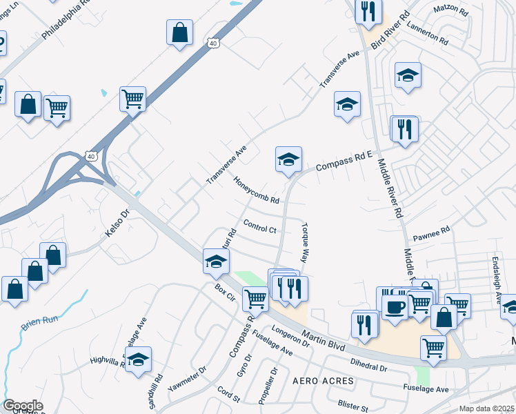 map of restaurants, bars, coffee shops, grocery stores, and more near 16 Contact Court in Middle River
